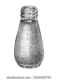 Homemade pistachio milk in glass bottle sketch. Hand-drawn organic dairy protein product for vegetarians. Vector illustrations of healthy foods and drinks isolated on white background. Design element