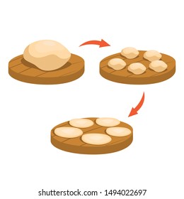 Homemade pita bread cooking. Tasty lunch making, greek dish. Healthy breakfast concept. Dough preparation. Vector illustration in cartoon style