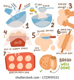 Homemade pita bread recipe. Cooking bakery at home. Tasty lunch making, greek dish. Healthy breakfast concept. Vector flat hand drawn illustration.