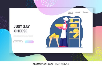 Homemade or Plant Farmers Production Website Landing Page. Cheesemaker Holding Round Cheese Standing near Shelves with Assortment of Different Sorts Web Page Banner. Cartoon Flat Vector Illustration