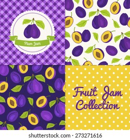 Homemade plum jam collection. Paper label and seamless patterns with Gingham, Polka Dot and Berries on color and light background. Perfect for wallpaper, wrapping paper, textile and package design