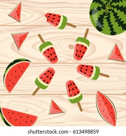 Homemade popsicles with berries and fruits on wooden background. Top view vector illustration eps 10