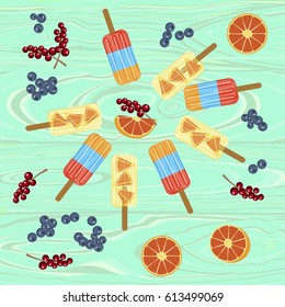 Homemade popsicles with berries and fruits on wooden background. Top view vector illustration eps 10