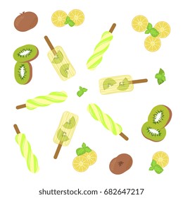 Homemade popsicles with kiwi, mint and lemon on white background. Top view vector illustration eps 10