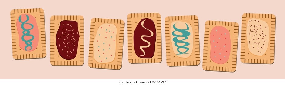 Pop-tarts caseros fabricados a partir de cero, ilustración de material vectorial plano con conjunto o colección de galletas acristaladas