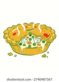 Homemade pot pie vector, rustic dinner, baked pastry, creamy sauce, meat, savory, cheesy, bold line art, retro kitchen design, graphic, isolated illustration