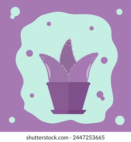 Homemade potted aloe flower in monochrome purple colour. Background with circles. Vector.