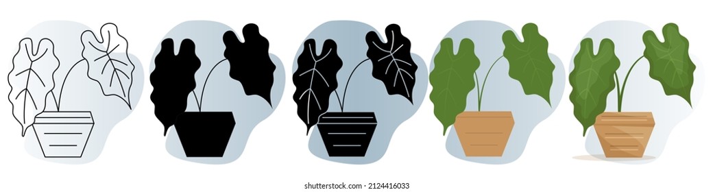 A Homemade Potted Plant. Two Large Figured Leaves On Their Own Stem. Vector Icon, Contour, Silhouette, Glyph, Flat Simple And Complicated, Abstract Background With Gradient, Isolated