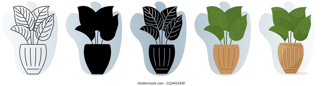 A homemade potted plant. Vertical large dense leaves. Vector icon, contour, silhouette, glyph, flat simple and complicated, abstract background with gradient, isolated