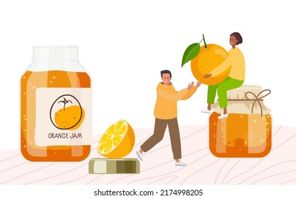 Homemade preparations and canning. Orange jam in glass jars, fresh fruit, tiny people on table. Canned orange fruits. Jam in jars. Fruit conservation. Farmer Market Branding. Organic food template