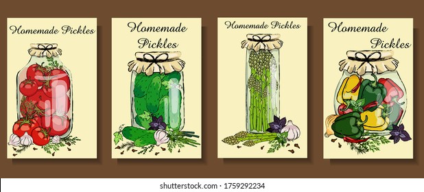 Home-made preparations, pickles and preservation. Glass jars with vegetables and herbs.
Stock vector.