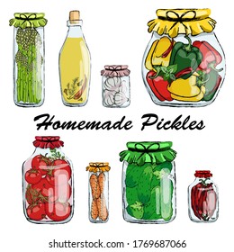 Home-made preparations, pickles and preservation. Glass jars with vegetables and herbs.
Stock vector.