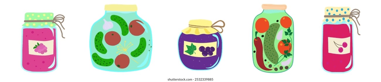 homemade preparations set, jars with homemade preserves
