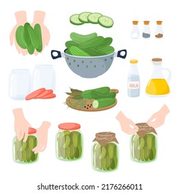 Hausgemachte Konserven aus Gurken. Zubereitung und Erhaltung von Gemüse. Konservierte natürliche gesunde Produkte Lebensmittel Vektorgrafik.