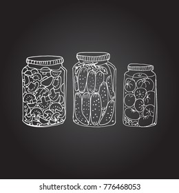 homemade preserves in glass jar. Mushrooms, pickles, tomato. Hand drawn vector illustration