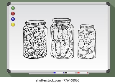homemade preserves in glass jar. Mushrooms, pickles, tomato. Hand drawn vector illustration