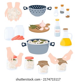 Conservas caseras de hongos campeones. Preparación y preservación de alimentos. Ilustración vectorial de productos naturales sanos enlatados.