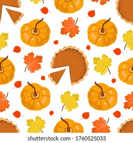 Homemade pumpkin pie, autumn maple and aspen leaves, yellow round pumpkins on a white background. Seamless autumn pattern.