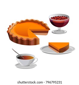 Homemade pumpkin pie with cranberry jam and cup tea. Vector illustration isolated on white