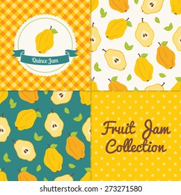 Homemade quince jam collection. Paper label and seamless patterns with Gingham, Polka Dot and Berries on color and light background. Perfect for wallpaper, wrapping paper, textile and package design