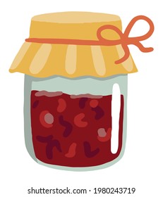 Homemade raspberry or cherry jam. Doodle of home cooking. Hand drawn vector illustration of cottagecore aesthetic. Simple drawing isolated on white. Clipart for decor, sticker, design, card, print.