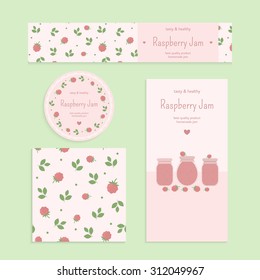 Homemade raspberry jam set. Flyer, banner, brochure, label, seamless patterns with raspberries, leaves and jars of jam. Vector elements for design