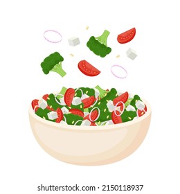 Homemade salad from fresh vegetables, salad cheese and pine nuts. Healthy food. Vegetarian meal. Vector illustration