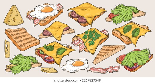 Homemade sandwich stickers set colorful with fried bread with bacon or sausage and cheese for quick breakfast vector illustration