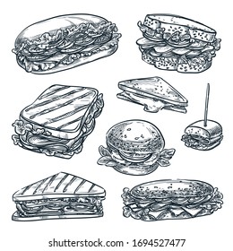 Sándwiches caseros aislados de fondo blanco. Dibujo vectorial de tentempiés de comida rápida. Pan multigrano con queso, jamón y tomate. Menú de la cafetería con elementos de diseño pintado a mano