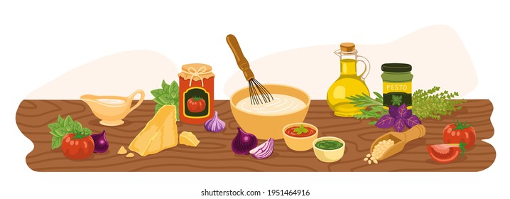 Homemade sauces and dressings. Vegetable at wooden kitchen table. Horizontal vector colored hand-drawn illustration for recipe book, restaurant menu, magazine page.