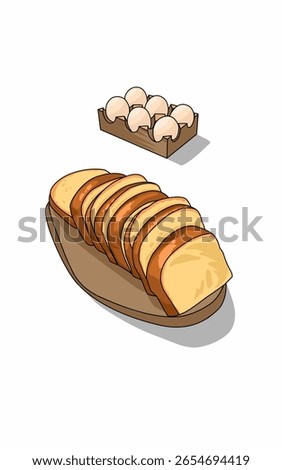 Homemade sliced white bread on a wooden board chicken eggs in wooden storage