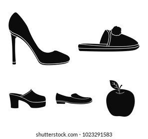 Homemade slippers with a pampon, high-heeled women's shoes, low-heeled shoes, clogs, slippers on a high platform. Shoes set collection icons in black style vector symbol stock illustration web.