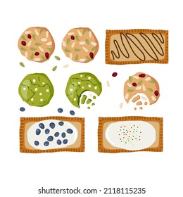 Homemade snacks. Matcha coookies, oat coookies with cranberry, Pop Tarts. Homemade vegan baked pastries. Colored flat cartoon vector isolated for menu, cafe, restaurant, cooking class, homemade recipe