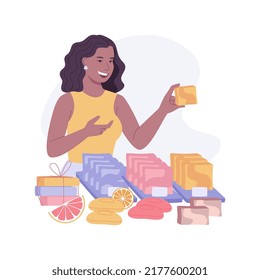 Homemade soap isolated cartoon vector illustrations. Smiling woman selling handicraft soap on the market, small business, personal income, natural cosmetics for sale vector cartoon.