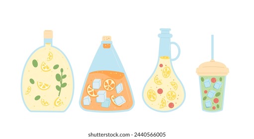 Homemade soft drink set isolated on white background. Juice, water and lemonade bottles, flask and glass. Fresh sour and sweet beverage with berries, ice and fruits and green tea. Vector illustration.