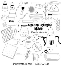 Homemade sourdough bread elements set. 31 isolated black and white vector items on white background. For backers, visiting cards, homemade backery