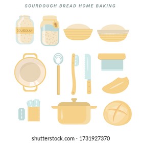 Homemade sourdough bread kit. Sourdough starter culture in mason jar. Muslin cloth. Dough scraper. Danish whisk. Proofing basket. Bench knife. Bread Lame. Dutch oven. Fresh baked loaf. Vector cartoon.