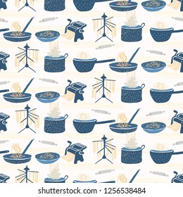 Homemade Spaghetti  Seamless Vector Pattern Illustration. Hand Drawn Pasta Noodle Pot, Sieve, Bowl, Rack, Machine Pan. Cooking Class Blog Backdrop. Traditional Taste Of Italy Restaurant Celebration.