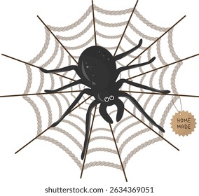 Homemade Spider Decoration with Natural Rope. Handcrafted Halloween spider decoration on rope with "Homemade" craft tag, featuring eco-friendly materials and DIY holiday aesthetic. Vector illustration