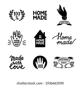 Homemade stamp logos set - vintage icons in stamp style, home made lettering with cute house and hands silhouettes. Vintage vector illustration for banner and label design.