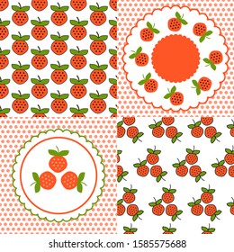 Homemade strawberry jam collection. Paper label and seamless patterns with Gingham, Polka Dot and Berries on color and light background. Perfect for wallpaper, wrapping paper, textile, package design