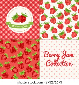 Homemade strawberry jam collection. Paper label and seamless patterns with Gingham, Polka Dot and Berries on color and light background. Perfect for wallpaper, wrapping paper, textile, package design