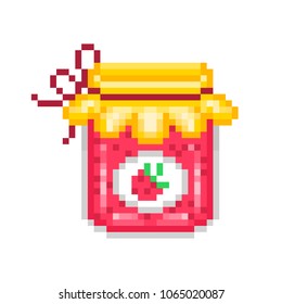 Homemade strawberry jam in a glass jar, pixel art icon isolated on white background. Berry confiture. Fruit preserve. Eco dessert. Retro 80s,90s video game graphics. Old school 8 bit slot machine icon