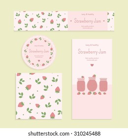 Homemade strawberry jam set. Flyer, banner, brochure, label, seamless patterns with strawberries, leaves and jars of jam. Vector elements for design