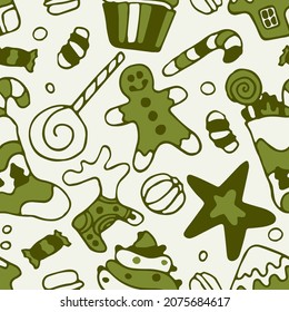 Caramelos caseros doodle papel de regalo sin fisuras. Verdes dulces de Navidad, fondo blanco. El humor de las vacaciones, la ropa linda. Decoración de invierno. Pasteles, galletas con vidrios, figuras bonitas. Vector de Año Nuevo