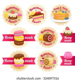 Homemade sweets labels badges with ribbons set. Candy sweets lollipop cake donut macaroon cookie jelly vector illustration.
