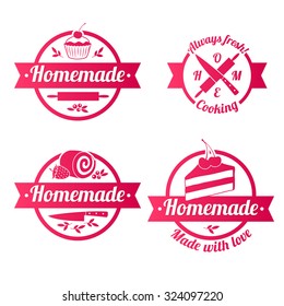 Homemade sweets red labels badges with ribbons set. Cupcake knife roll plunger vector illustration.