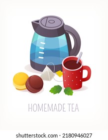 `Homemade tea in a cup near electric kettle served with macarons pastry. Vector illustration of tea serving. Design element for menus, posters and tea party invitations.