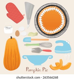 Homemade thanksgiving pumpkin pie preparation set.