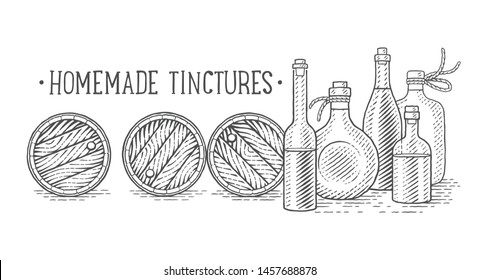 Homemade tinctures. Hand drawn engraving style illustrations.